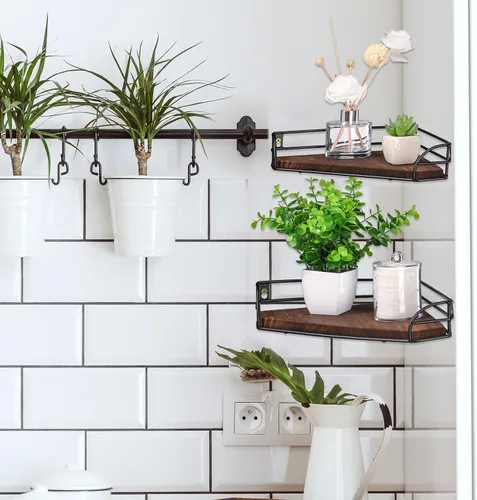 Vista 2 de Photect Estante de esquina para montaje en pared, estantes flotantes de esquina de madera, juego de 2, estante de esquina de baño, almacenamiento