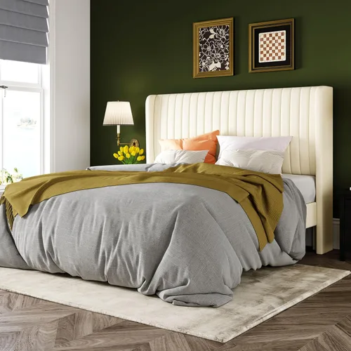 Vista 16 de Allewie - Base de cama tamaño Full con cabecera tapizada en terciopelo y diseño acanalado vertical; plataforma de cama tapizada; listones de madera