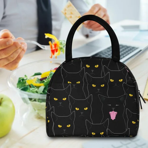 Vista 6 de Sinestour Bolsa de almuerzo con diseño de gato para mujer, bonita bolsa reutilizable, hielera negra aislada para la escuela, oficina, picnic, niños