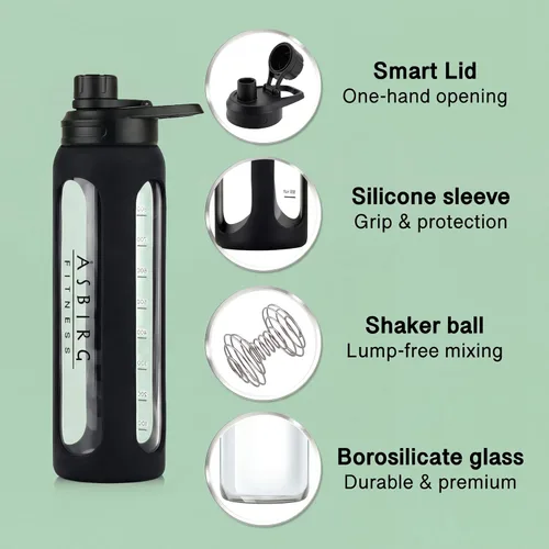 Vista 3 de 2.0 Botella mezcladora de proteínas de vidrio de 35 onzas, sin BPA, tapa a prueba de fugas, bola mezcladora de acero inoxidable y funda