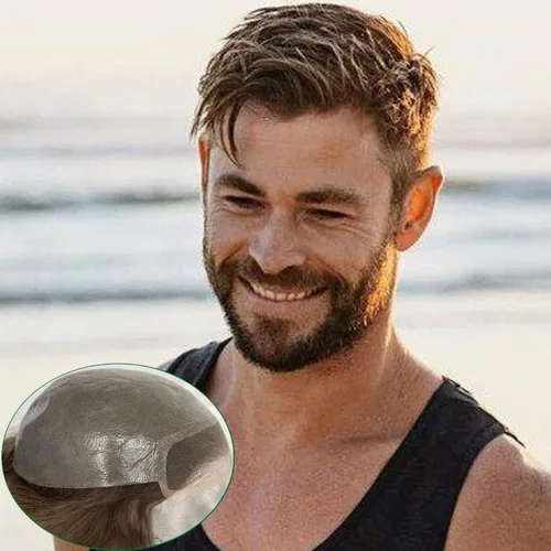 Vista 8 de Voloria Toupee para hombres 100% cabello humano europeo suizo frente encaje frontal natural piezas de cabello 0.003 in piel fina PU V-looped sistema