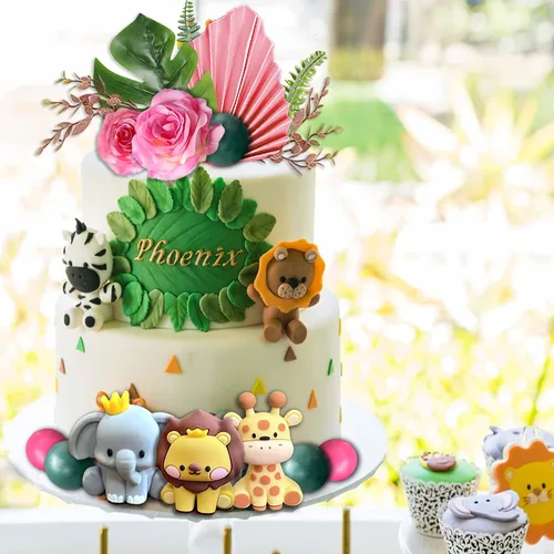 Vista 8 de 22 adornos de animales de selva de safari para tartas, bolas de flores, decoración de tartas con hojas de palmeras bohemias, juguetes de animales