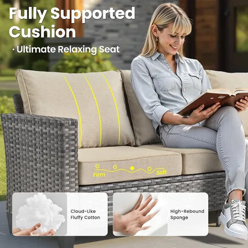 Vista 6 de ovios Juego de muebles de patio de 4 piezas con sofá de exterior, luces solares, mesa, cojines cómodos, sofá de conversación de mimbre de ratán