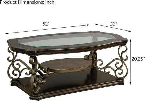 Vista 2 de Henf Mesa de centro tradicional con parte superior de vidrio templado y estante medio, mesa de cóctel vintage con parte superior de vidrio ovalada