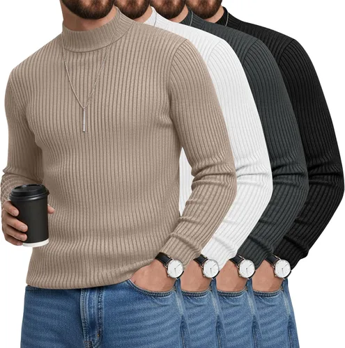Vista 20 de Paquete de 4 Camisetas de Cuello Alto Simulado para Hombre de Algodón de Punto Acanalado de Manga Larga Pullover Ajustado Casual Suéteres Básicas