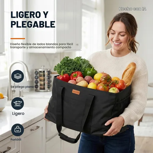 Vista 2 de Bolsa tote grande de WONDAY, bolsa de alimentos plegable y reutilizable, bolsa tote con asas, bolsa de la compra para alimentos, almacenamiento Negro