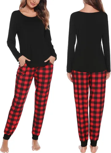 Vista 3 de SWOMOG Conjunto de pijama a juego para hombres, mujeres y niños, para familia, parejas, ropa de dormir de manga larga, pantalones a rayas a cuadros