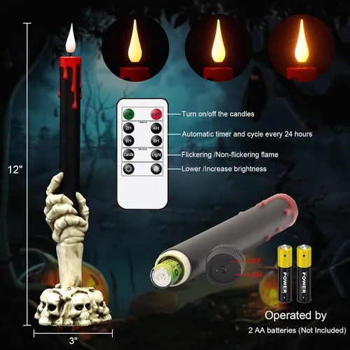 Vista 6 de GenSwin Velas cónicas sin llama de Halloween en negro con candelabros de mano de fantasma y temporizador remoto, 2 piezas de velas cónicas operadas