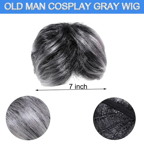 Vista 4 de FUYVA Old Man Wig Costume for Kids, 100 Days of School Cosplay Fun Set for Boys - 7 Pieces with Grey Wig, Mustache, Cane, Glasses for Grandpa