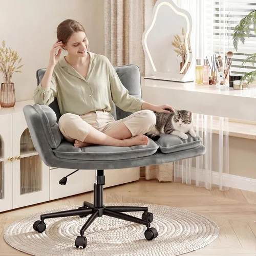 Vista 10 de Silla cruzada con ruedas, silla de oficina ergonómica con reposabrazos abatibles para mascotas, silla de tocador para dormitorio, sala de maquillaje