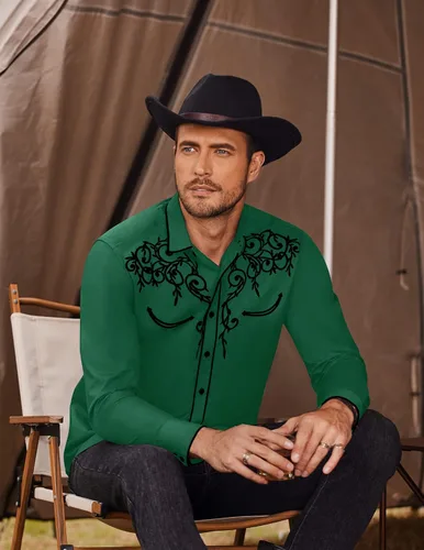 Vista 3 de Coofandy Camisa de hombre de manga larga ajustada con bordado casual de botón