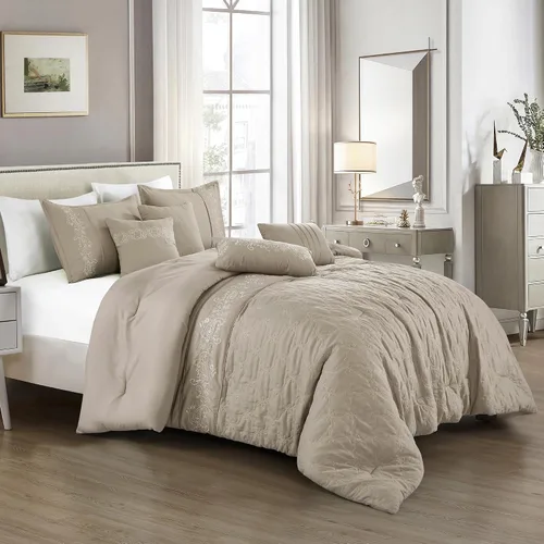 Vista 8 de ESCA Juego de edredón Hypatia beige de 7 piezas, tamaño Queen, bordado, estilo bohemio, ropa de cama floral