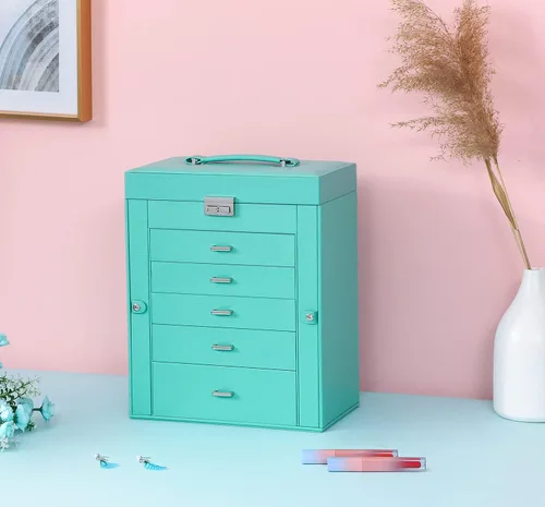 Vista 8 de ANWBROAD Joyero grande de 6 niveles, organizador de joyas, caja de almacenamiento con espejo de cerradura, caja de joyería para niñas, para aretes