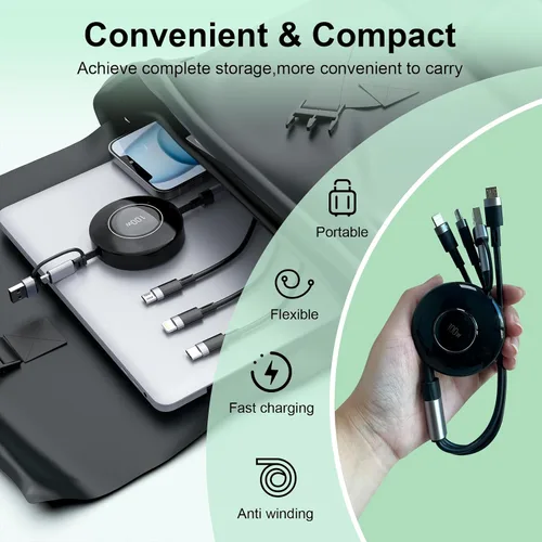 Vista 6 de Cable de carga USB C retráctil multi 5 en 1 USB A/tipo C a Lightning/USB C/Micro iPhone, cable de carga múltiple de 100 W para iPhone 15 14 13 12