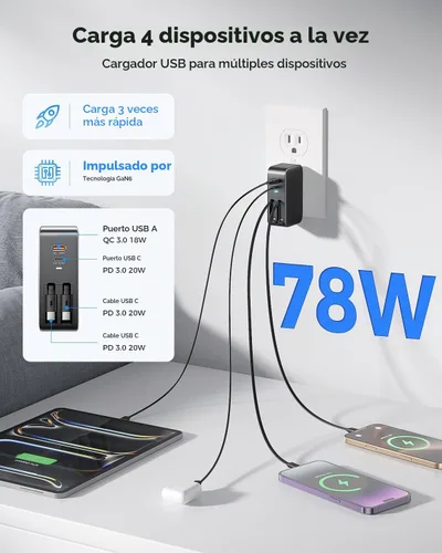 Vista 3 de SUPERONE Cargador retráctil para iPhone, bloque de cargador USB C de 4 puertos, cargadores de iPhone de carga rápida con doble cable USB C Negro