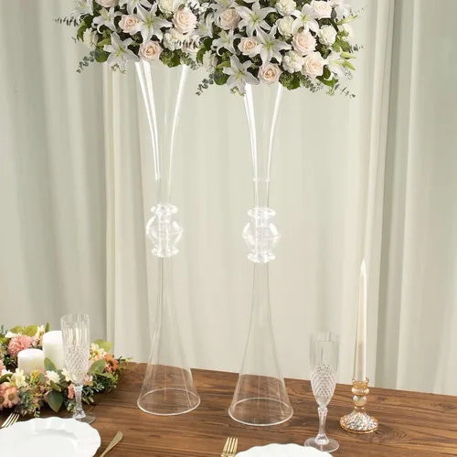Vista 5 de Efavormart - Juego de 2 centros de mesa de trompeta con adornos de cristal transparente de 31 pulgadas, jarrón reversible de plástico para flores