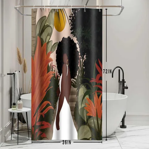 Vista 2 de Cortina de ducha de mujer afroamericana, sexy, de 36 x 72 pulgadas, poliéster, abstracto, bohemio, tropical, hojas de plantas tropicales, juego