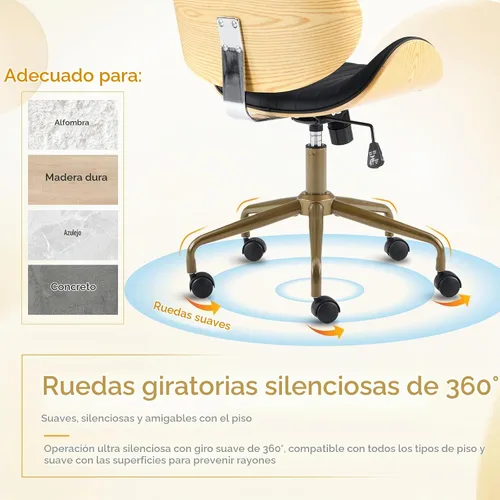 Vista 4 de VINGLI Silla giratoria de oficina en casa amplia y cómoda con carcasa curvada de grano de madera, silla de escritorio ergonómica acolchada sin negro