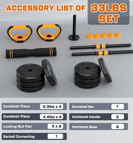 Vista 9 de 5-in-1 Adjustable Dumbbell Set, 33/44/66/88lbs Free Weights Set with Connector, Used as Kettlebells, Barbell, Push up Stand, Standard 1" Plates