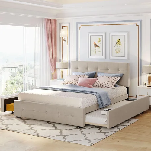 Vista 10 de Harper & Bright Designs - Base de cama de tamaño matrimonial con 2 cajones y cama corrediza individual, plataforma tapizada en el suelo con cabecera
