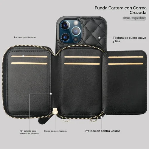 Vista 7 de Bocasal Funda tipo cartera cruzada para iPhone 12 Pro Max, con bloqueo RFID, de piel sintética, con cremallera, funda tipo cartera con función atril