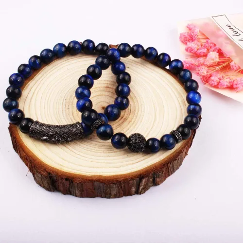 Vista 4 de BOMAIL - Pulsera elástica de piedras de ojo de tigre de 8 mm para mujeres y hombres