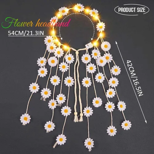 Vista 4 de GORTIN Diadema de girasol iluminada con flores de margarita, accesorios para el cabello hippie bohemio para mujer