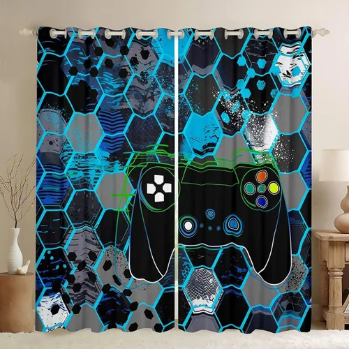 Vista 27 de Cortinas opacas negras de panal de abeja con luces de neón azul real, tratamientos de ventana con estampado geométrico hexagonal, decoración