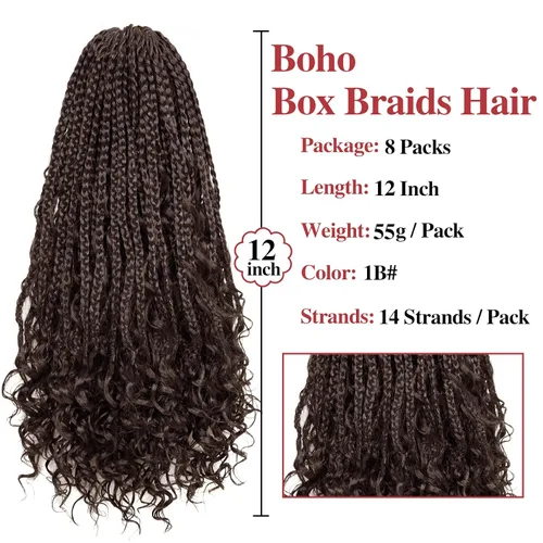 Vista 3 de Trenzas de ganchillo de cabello bohemio con trenzas de ganchillo Goddess Box Braids Box Braids de cabello de 14 pulgadas, 8 paquetes de trenzas