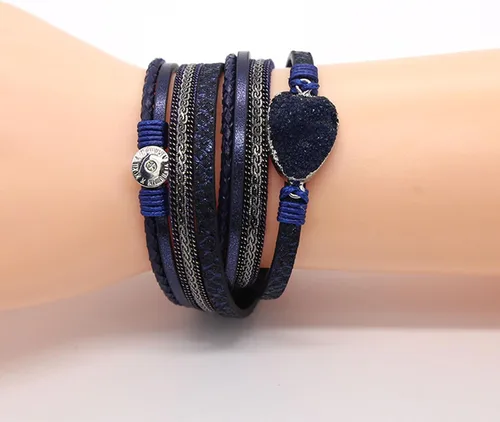 Vista 2 de Long tiantian Pulseras de cuero para mujer, pulsera bohemia de piedra de corazón de cristal, pulsera de múltiples capas, pulsera apilada, regalo