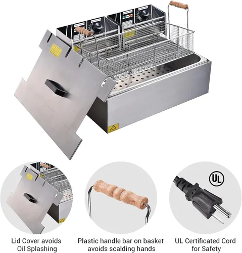 Vista 5 de Ampersand Shops - Freidora eléctrica comercial de 20 litros con cabezales eléctricos duales para papas fritas, maíz, perros, pollo frito, calidad