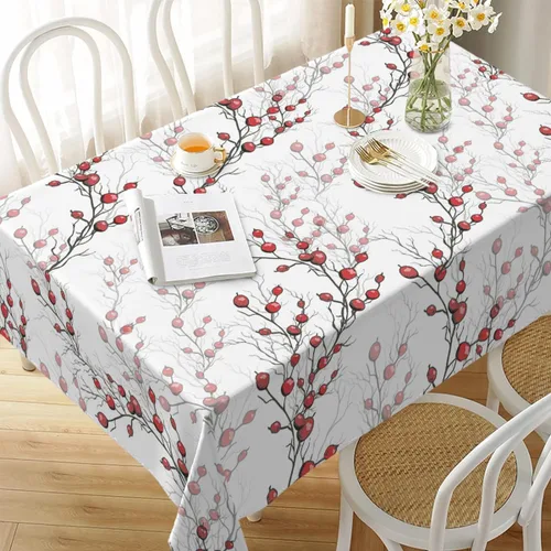 Vista 6 de Mantel rectangular decorativo con bayas rojas de acebo sin hojas, para comedor, barbacoa, picnic, mesa auxiliar, 52 x 70 pulgadas