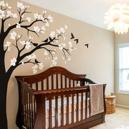 Vista 10 de Adhesivo decorativo para pared de árbol de esquina grande con flores grandes, pájaros y hojas para cuarto de bebé, mural 087