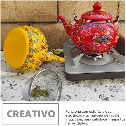 Vista 8 de Healeved Hervidor de té esmaltado con mango de cerámica e infusor de 2.2 L, hervidor de agua clásico floral, tetera de acero para estufa