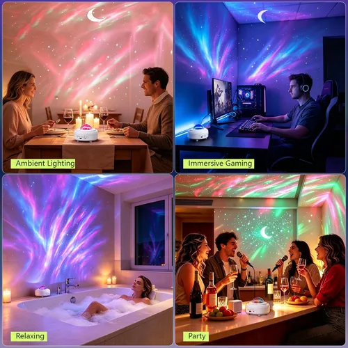 Vista 7 de HUMIIEYE Proyector de Galaxia con Altavoz Bluetooth, Luz Nocturna Proyector de Estrellas para Dormitorio, 8 Modos Proyector Aurora de Luces