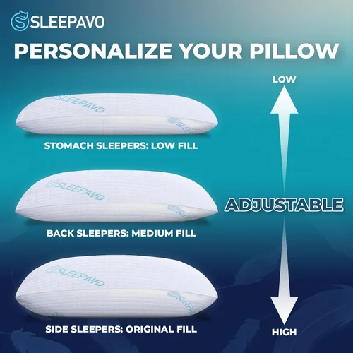 Vista 2 de Sleepavo Juego de 2 almohadas ajustables de espuma viscoelástica trituradas tamaño Queen, almohadas refrescantes extra suaves para dormir, espalda