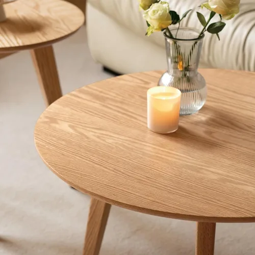 Vista 5 de Juego de mesa de café 100% de madera de roble macizo, mesa de café redonda combinada mesa auxiliar con patas de madera maciza, mesa de mediados
