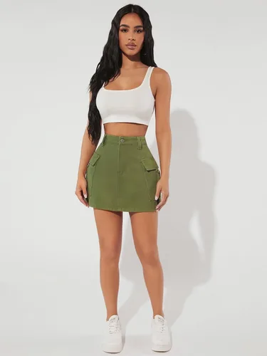 Vista 4 de WDIRARA Minifalda de mezclilla con botones y cintura alta para mujer con bolsillos