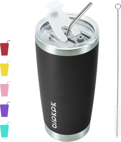 Vista 41 de BJPKPK Vaso térmico negro con tapa y pajita, de acero inoxidable, de 20 onzas, para café Pintura de caucho negro