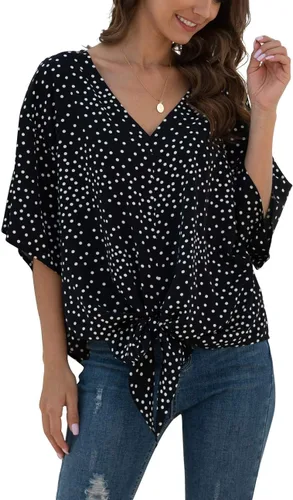 Vista 44 de VIISHOW Womens Tie Front Chiffon Blouses V Neck Batwing Short Sleeve Summer Tops Shirts Albaricoque