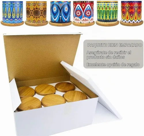 Vista 6 de Maceta de mandala para suculentas con orificio de drenaje y posavasos de bambú, macetas pequeñas, maceta de cerámica bohemia para plantas pequeñas A