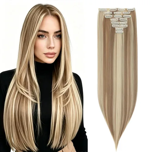 Vista 40 de S-noilite 8 piezas de extensiones de cabello largo con clip para mujer, extensiones de cabello sintético de doble trama, 18 pulgadas, #12H24 Honey