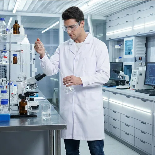 Vista 7 de Disfraz de científico médico para mujeres y hombres, para Halloween, manga de botón blanco, abrigos de laboratorio, unisex, accesorios de enfermera