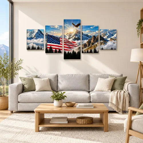 Vista 2 de 5 Pieces American Flag Wall Art Bald Eagle Mountain Patriotic Home Decor