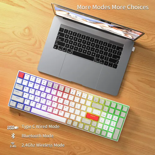 Vista 2 de Newmen GM1000 96% teclado mecánico para juegos Bluetooth inalámbrico2.4Gteclado USB C con cable, teclado mecánico compacto retroiluminado RGB