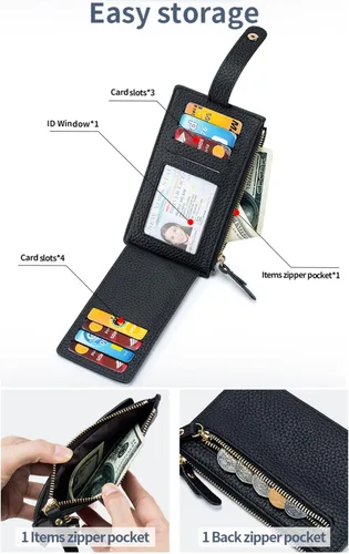 Vista 5 de Cartera delgada de piel auténtica para mujer, con tarjetero plegable para tarjetas de identificación, d1 negro
