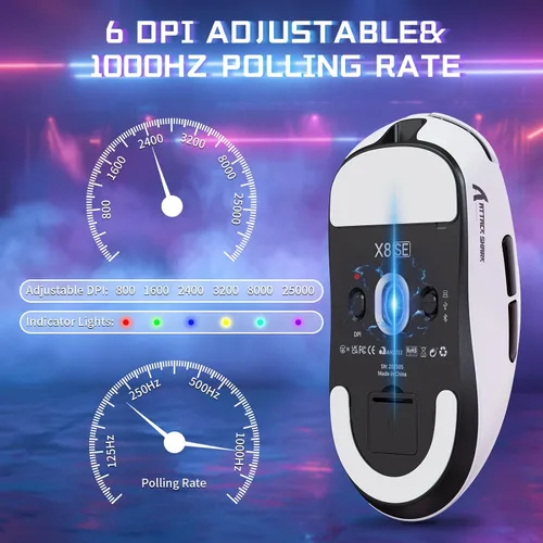 Vista 5 de ATTACK SHARK X8SE - Mouse inalámbrico para juegos, sensor óptico ajustable de 25 K DPI PAW3311, ergonómico de 2.08 oz ligero, triple modo