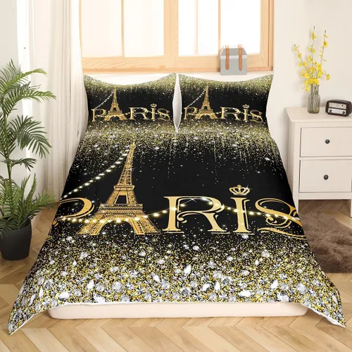 Vista 20 de Erosebridal Funda de edredón de la Torre Eiffel para niñas, juego de ropa de cama romántica de París azul, negro y blanco, funda de edredón