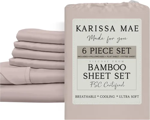 Vista 24 de KARISSA MAE Juego de sábanas de viscosa de bambú de lujo, 100% certificado FSC, refrescante, lujosamente suave, bolsillos profundos de 18 pulgadas