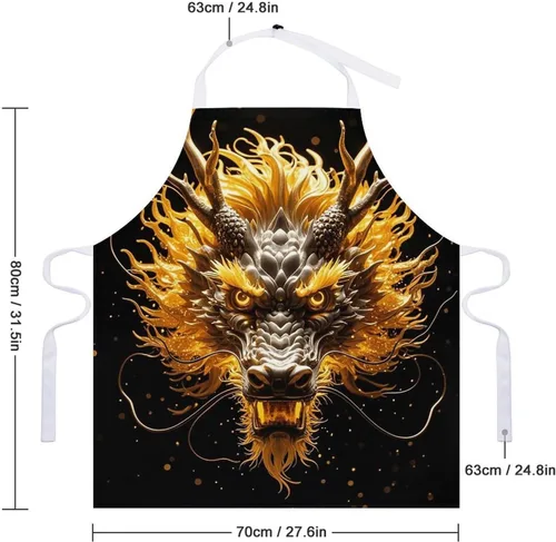 Vista 2 de MUSM Apron for Adults - 27.6 X 31.5 Inch, Heavy-Duty Polyester Aprons with Two Large Pockets, Waterproof Golden Dragon Head Kitchen Apron for